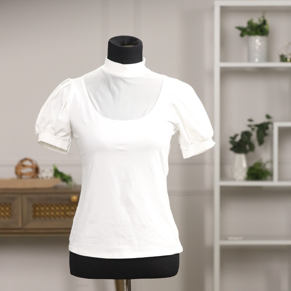 Anne Fontaine Vintage White Puff Short Sleeve Blouse with Sheer Front Detail